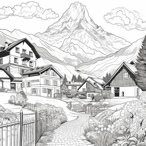 a black and white drawing of a mountain village with a path generative ai Drawing Of A Mountain, Village Drawing, 2024 Board, White Drawing, Goat Farming, Mountain Village, Black And White Drawing, A Drawing, Adult Coloring