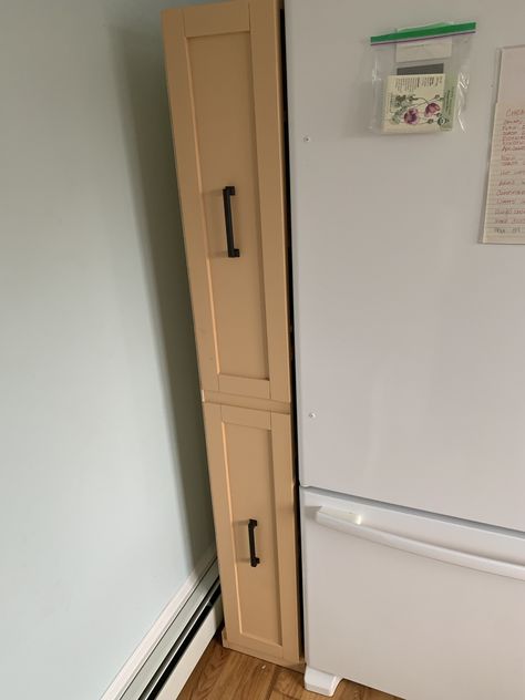 Slim Cabinet Next To Fridge, Rolling Storage Next To Fridge, Rolling Cabinet Kitchen, Vertical Pull Out Cabinet, Narrow Pantry Cabinet, Vertical Pantry, Slim Kitchen Cabinet, Diy Pantry Cabinet, Rolling Pantry