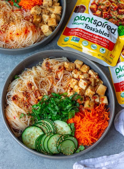 Sweet Chili Tofu Vermicelli Bowl - Nasoya Tofu Vermicelli, Sweet Chili Tofu, Vermicelli Bowl, Chili Tofu, Vermicelli Recipes, Soy Recipes, Toasted Sesame Seeds, Sweet Chili Sauce, Vegan Dinner