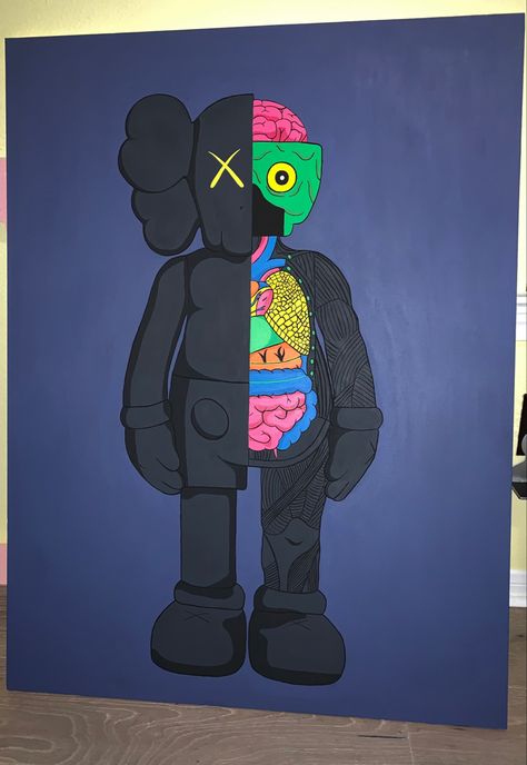 Kaws Doll Painting, Kaws Acrylic Painting, Painting For Guys Room Canvases, Kaw Figurines, Kaws Painting On Wall, Kaws Bear Painting, Kaws Drawing Sketch, Kaws Half Skeleton, Paintings For Guys Room