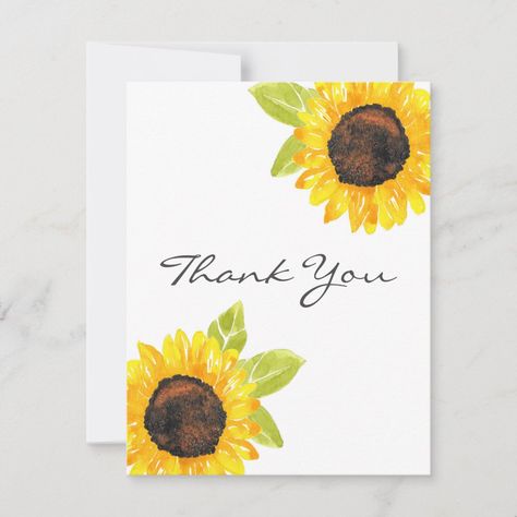 Thank you card printed from original hand painted watercolor sunflower. Wedding Invitation Stationary, Xmas Table, Sunflower Cards, Hand Painted Card, Diy Watercolor Painting, Beautiful Stationery, Watercolor Greeting Cards, Summer Cards, Paint Cards