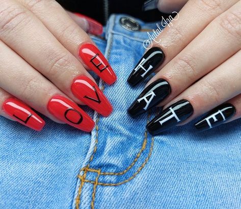 Goth Vday Nails, Hate Valentines Day Nails, Valentines Day Nails Red And Black, Love Hate Nails, Black Anti Valentines Day Nails, Valentines Nails Black And Red, Gothic Spring Nails, Black Vday Nails, Goth Valentines Day Nails