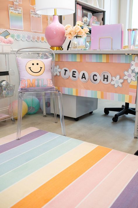 Our classroom rugs are perfect finishing touch! Our trendy and gorgeous designs will bring life into your classroom and infuse you and your students with JOY! We have pastel rugs, sit spot rugs, floral classroom rugs, neutral classroom rugs, black and white classroom rugs, smiley face rugs, and so many more! Desk Decor Classroom, Classroom Smiley Face Theme, Pastel Smiley Face Classroom, Preppy Teacher Classroom, Retro Pastel Classroom, Stoney Clover Classroom, Pastel Pop Classroom, Preppy Classroom Decor, Pastel Color Classroom