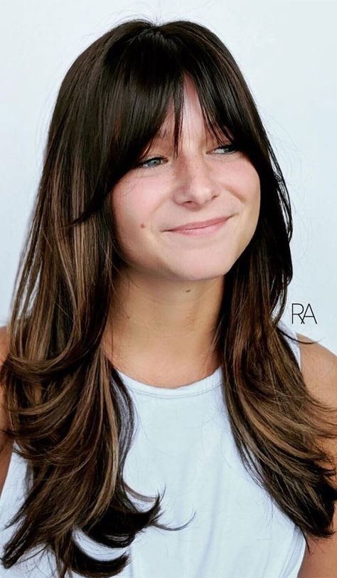 bardot bangs, curtain bangs, brown hair curtain bangs, brown hair with bangs, layered cut brown hair Fringe Bangs With Medium Hair, Brown Layered Hair, Bardot Bangs, Brown Hair Inspiration, Rambut Brunette, Hair Growing Tips, Layered Cut, Bangs With Medium Hair, Hilary Duff