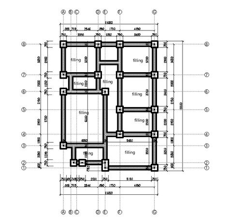 Foundation layout of 11x15m house plan is given in this Autocad drawing file. This is single story house plan. Foundation Layout Plan, Building Plan Drawing, Foundation Plan, Single Story House, 1 Story House, Engineering Drawing, Building Plans House, Plans House, Black And White Art Drawing