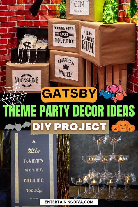 DIY Great Gatsby Decorations | Great Gatsby Party Great Gatsby Bar Decor, Prohibition Party Decorations Diy, Roaring 20s Centerpieces Diy, 1920 Party Decorations Diy, Speakeasy Party Decorations Diy, 1920 Speakeasy Party, 1920s Decorations Roaring 20s, Speakeasy Decor Diy 1920s Party, Gatsby Halloween Party