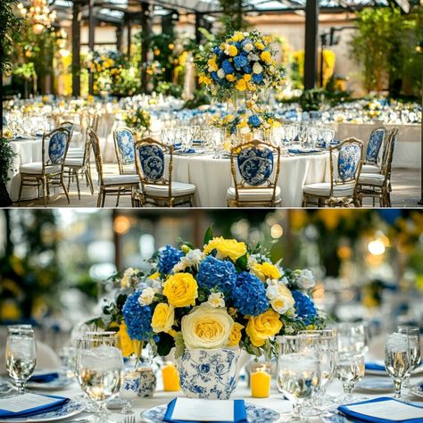 Brighten Your Reception: 7 Blue and Yellow Wedding Reception Ideas - Yeah Weddings Royal Blue And Yellow Wedding Theme Table Settings, Dusty Blue And Yellow Wedding Theme, Yellow And Navy Wedding, Yellow Wedding Reception, Yellow And Blue Wedding, Blue And Yellow Wedding, Blue Yellow Weddings, Yellow Wedding Theme, Wedding City