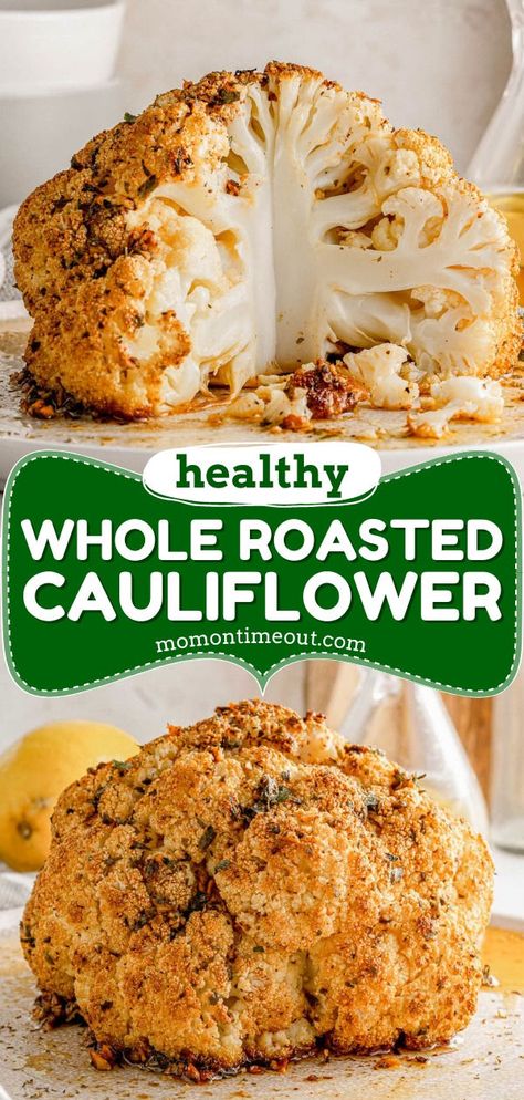 Try this Whole Roasted Cauliflower! This healthy recipe is easy to make with just 10 minutes of prep. Tender and flavorful, this baked cauliflower is a healthy side dish your family will love. Plus, it's low-carb! Baked Cauliflower Whole, Whole Cauliflower, Roasted Cauliflower Recipe, Mom On Timeout, Easy Vegetable Side Dishes, Roasted Cauliflower Recipes, Cauliflower Dishes, Whole Roasted Cauliflower, Healthy Side Dish