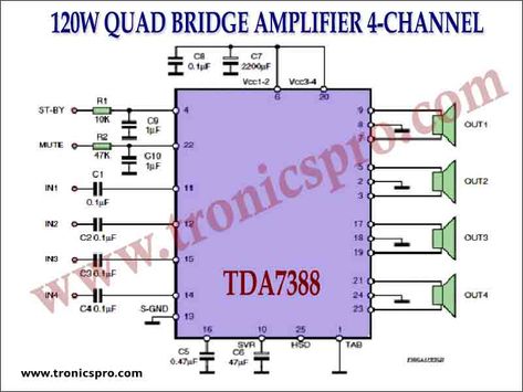 Tda7388 Amplifier Circuit, Amplifier Circuit Diagram, Electronic Circuit Design, Audio Amplifiers, Electronic Circuit, Stereo Amplifier, Electronics Mini Projects, Car Audio Systems, Electronics Projects Diy