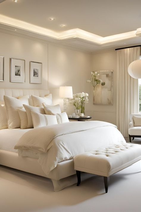 Master White Bedroom, White Cream Bedroom, Cream And White Bedroom, Green And White Bedroom, Cream Bedroom, Modern White Bedroom, Parisian Bedroom, White Bedroom Ideas, All White Bedroom