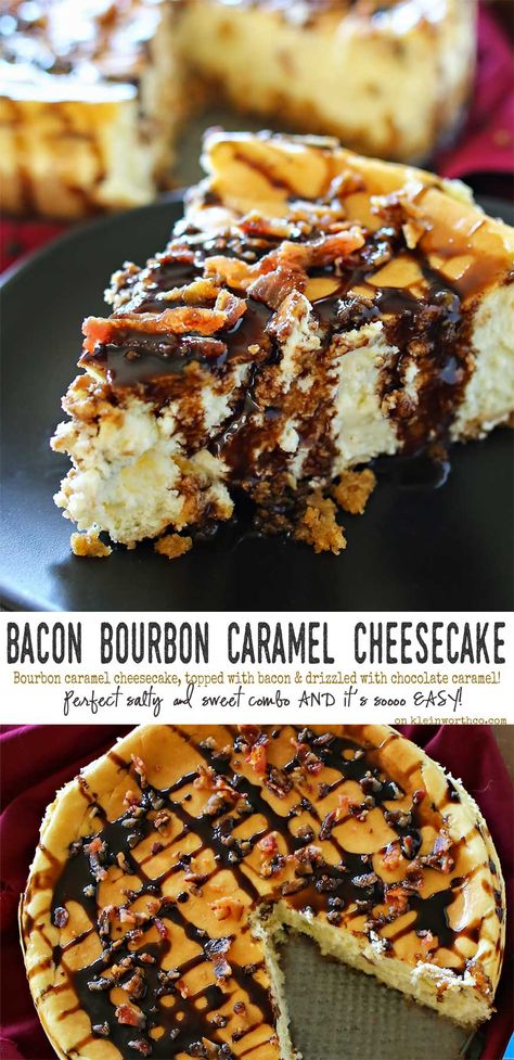 Bacon Bourbon Caramel Cheesecake is bourbon caramel flavored cheesecake, topped with crispy bacon & drizzled with chocolate-caramel. It's an easy cheesecake recipe you don't want to miss. Bacon Dessert, Bacon Dessert Recipes, Flavored Cheesecake, Easy Cheesecake Recipe, Bacon Desserts, Bourbon Caramel, Bourbon Recipes, Caramel Cheesecake, Easy Cheesecake Recipes