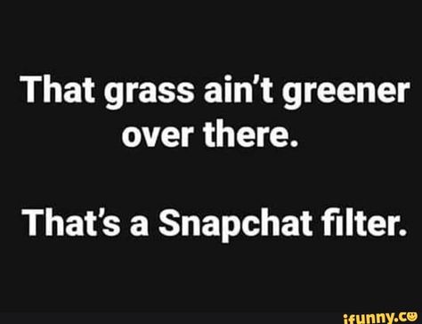 That grass ain't greener over there. That’s a Snapchat ﬁlter. – popular memes on the site iFunny.co #snapchat #internet #that #aint #greener #thats #snapchat #lter #pic Snapchat Filters Quotes, Filters Quotes, Filter Funny, Demotivational Quotes, Filter Quotes, Rude Quotes, Face Quotes, Snapchat Filter, Jealous Of You