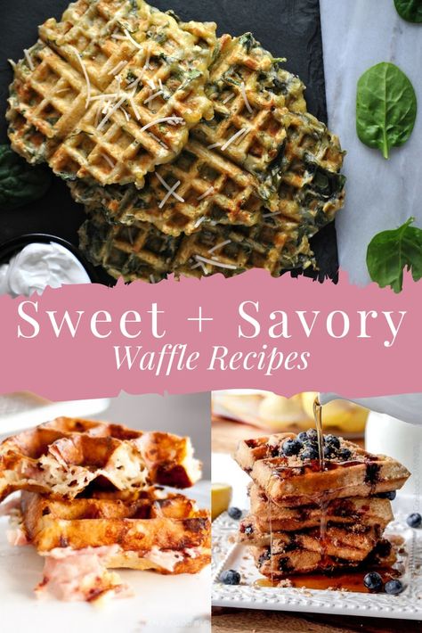 20 Sweet + Savory Waffle Recipes The sweetest and/or most savory waffle recipes you will find out here in these interwebs.  All kinds of specialty waffle recipes. #wafflerecipes #sweetwafflerecipes #savorywafflerecipes #breakfastrecipes #savoryrecipes Savory Belgian Waffles, Belgium Waffle Recipe, Blueberry Waffles Recipe, Savory Waffle Recipe, Bacon Waffles, Belgian Waffles Recipe, Chocolate Chip Waffles, Waffle Iron Recipes, Waffle Maker Recipes