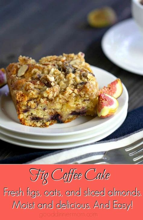 Fig Coffee Cake is moist and melt-in-your-mouth delicious. Fresh figs, oats, and sliced almonds make a coffee cake with streusel topping you will love. #figs #baking #cake #recipes #dessert Fresh Fig Coffee Cake, Fig Recipes Dessert, Fig Coffee, Sweet Slices, Fig Dessert, Free Sewing Tutorials, Dessert Breads, Fig Cake, Breakfast Rolls