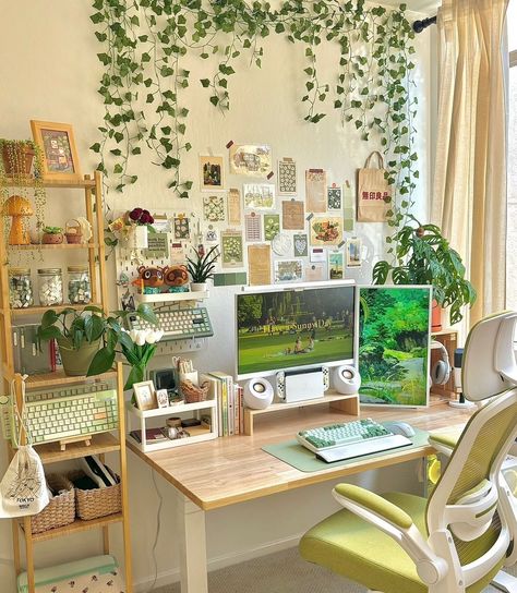 Cottage Core Study Room, Light Green Pc Setup, L Shaped Desk Decor, Green Desk Aesthetic, Boho Office Ideas, Art Desk Setup, Cozy Setup, Craft Office, Dream Bedroom Inspiration