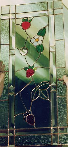 Cottage Stained Glass Window, Aesthetic Stained Glass Art, Stained Glass Cottagecore, Stained Glass Cupboard Doors, Stained Glass Strawberry, Stained Glass Inspiration, Stained Glass Window Ideas, Strawberry Furniture, Stained Glass Furniture