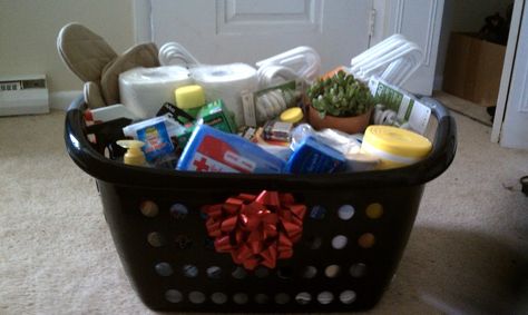 My brother just moved into his first apartment....well with his girlfriend. He first moved out on his own in April but with just a friend o... First Apartment Gift Basket, Apartment Gift Basket, First Apartment Gift, New Apartment Gift, Baskets Ideas, Auction Baskets, Cleaning Diy, Apartment Gift, Raffle Baskets