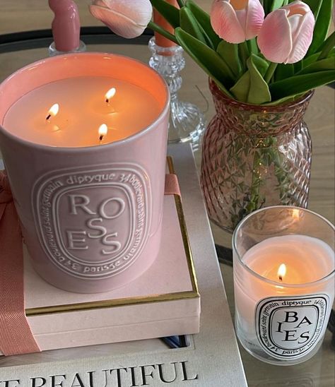 Dyptique Candles, Decorating With Candles, Diptyque Candles Decor, Roses Candle, Diptyque Candles, Gold Home Accessories, Bedroom Candles, Candles Aesthetic, Candle Obsession