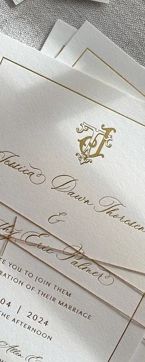 A closeup of a gold foil printed invitation with a monogram Old Money Wedding Invitations, Old Money Wedding, Crest Wedding Invitations, Money Wedding, Monogram Invitation, Gold Foil Invitation, Foil Printing, Wedding Money, Foil Invitations