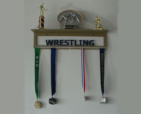 Wrestling shelf for those medals and trophies!  www.etsy.com/shop/metalmedalhangers Trophy Shelf, Entryway Tables, Wrestling, Shelves, Furniture, Home Decor