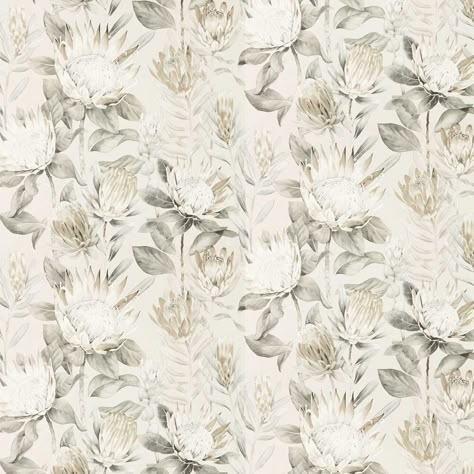 King Protea by Sanderson - Linen / Mica   - Wallpaper : Wallpaper Direct Protea Wallpaper, Protea Flowers, Farmhouse Wallpaper, Powder Room Wallpaper, King Protea, Feature Wallpaper, Neutral Wallpaper, Fashion Wallpaper, Wallpaper Direct