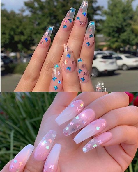 Butterflies Blue, Butterfly Nails, Blue Acrylic Nails, Ombre Acrylic Nails, Glamour Nails, Blue Or Pink, Blue Nail, Nail Swag, Summer Acrylic Nails