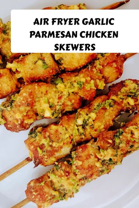 Garlic Parmesan Chicken Skewers made effortlessly in the air fryer. Elevate your skewer game with savory goodness! Parmasean Chicken, Juicy Chicken Recipes, Easy Garlic Parmesan Chicken, Garlic Parmesan Butter, Air Fryer Garlic Parmesan Chicken, Dinner Party Appetizer, Garlic Parmesan Chicken Skewers, Parmesan Chicken Skewers, Chicken Breast Tenders