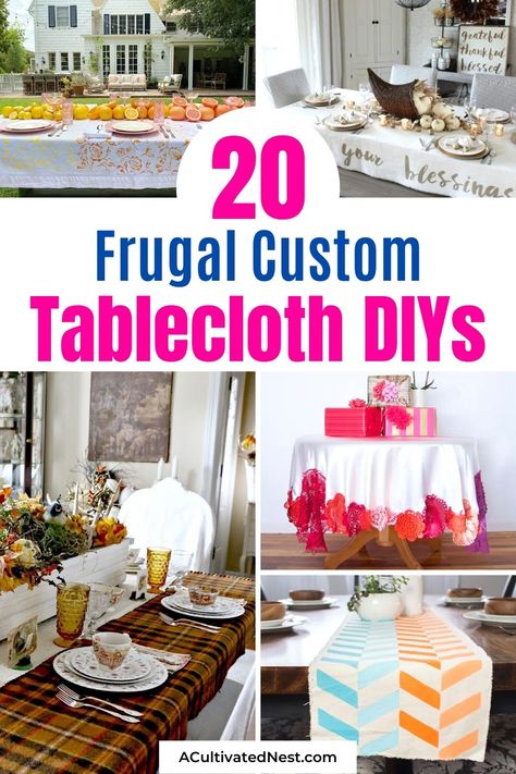 20 Frugal Custom Tablecloth DIYs- You can create the perfect tablescape on a budget with these frugal custom tablecloth DIYs! There are so many great ideas for different holidays and seasons! | #sewingProjects #diyProjects #tablescape #DIYs #ACultivatedNest Easy Tablecloth Ideas, Alternative Table Cloth Ideas, Easy Table Cloth Ideas, Table Cloth Alternatives, Tablecloth Ideas Party, Tables With Tablecloths, Decorating With Tablecloths, Making A Table Cloth, Diy Round Tablecloth