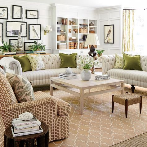 The Family Room - How To Master Classic Georgian Style - Southernliving. Comfortable and roomy tufted-back sofas and club chairs were layered with light, organic neutrals for a calm, natural feeling. Living Room Neoclassic, Green Family Rooms, Sarah Bartholomew, Farmhouse Decorating, Georgian Homes, Design Salon, White Rooms, Traditional Interior, Family Rooms