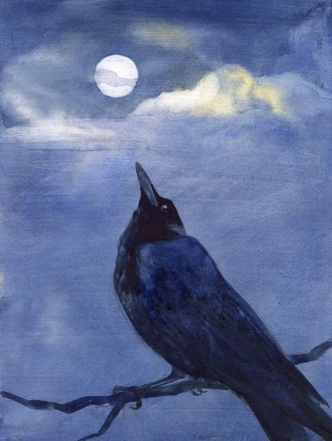 Original watercolor of a crow contemplating the moon.  Painted with black and indigo blue on gessoed acid free mat board. The clouds are lifted out and warmed with pale yellow.  Image size 7 x 9.5". Handmade wooden framed painted black, 8.5 x 11". © Doris Ettlinger Watercolor Crows, Blue Moon Drawing, Blue Moon Illustration, Crow Paintings, Crow Watercolor, Raven Painting, Moon Watercolor, Crow Flying, Crow Painting