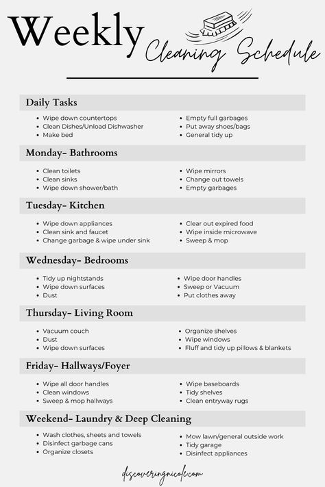 A Cleaning Schedule You'll Actually Keep Up With! - Discovering Nicole Organise Life, Daily Cleaning Schedule, Organisation Tips, Cleaning Home, Cleaning Schedule Printable, Clean House Schedule, Apartment Cleaning, Weekly Cleaning Schedule, House Tips