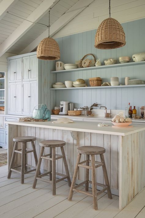 15 Coastal Kitchens With Wooden Cabinets You Will Love! – My Kitchen Inspo Coastal Homes Interior Kitchen, Contemporary Coastal Interior, Ocean Aesthetic Kitchen, Beach Kitchen Aesthetic, Seaside Kitchen Ideas Coastal Style, Beach Kitchen Ideas Coastal Colors, Coastal Blue Kitchen, Small Beach House Kitchen, Beachy Kitchen Ideas