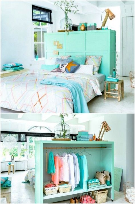 Genius DIY Headboard And Storage Divider Divider Headboard, Divider Bedroom, Kids Room Divider, Divider Bookcase, Entryway Room, Divider Room, Divider Cabinet, Pallet Room, Room Divider Headboard