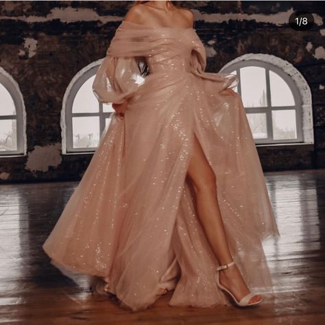 Champagne Pink Dress, Wedding Dress With Detachable Sleeves, Poofy Prom Dresses, Light Pink Wedding Dress, Dress With Detachable Sleeves, Rose Gold Prom Dress, Champagne Color Dress, Blush Prom Dress, Glittery Dress