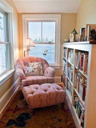 Cozy Reading Nook…….IN THE SUMMER JUST OPEN THE WINDOW……..IN THE WINTER, SNUGGLE UP WITH A WARM, FLEECY BLANKET……..BET THIS IS A WELL-USED SPOT YEAR ROUND………ccp Small Home Libraries, Colonial Renovation, Overstuffed Chairs, Home Libraries, Cozy Reading Nook, Cozy Nook, A Living Room, Home Library, Book Shelf