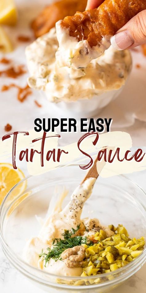 This super easy Tartar Sauce Recipe is thick and creamy and the perfect condiment for fried fish and chips, clam strips, oysters and more! Tarter Sauce Recipe Mcdonald’s, Easy Tartar Sauce Recipe Homemade, Mcdonald’s Tartar Sauce Recipe, Tater Sauce Recipe, Tartar Sauce Recipe Easy, Fried Fish And Chips, Best Tartar Sauce, Best Tartar Sauce Recipe, Make Tartar Sauce