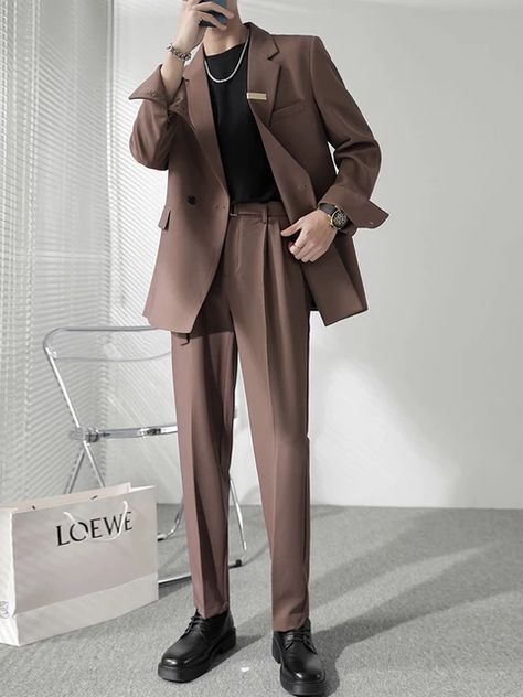 Korean Men Suit, Double Breasted Blazer Men, Korean Fashion Office, Korean Suit, Male Coat, Brown Suit, Blazer Men, Fashion Office, Office Dress