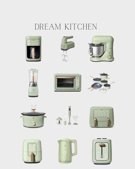 Dream Home Accessories, Green Smeg Kitchen, Cute Kitchen Essentials, Sims 4 Cc Green Kitchen, Sage Green Kitchen Utensils, Cute Kitchen Tools, Cute Kitchen Utensils Aesthetic, Sims 4 Cc Kitchen Accessories, Sims 4 Smeg Cc