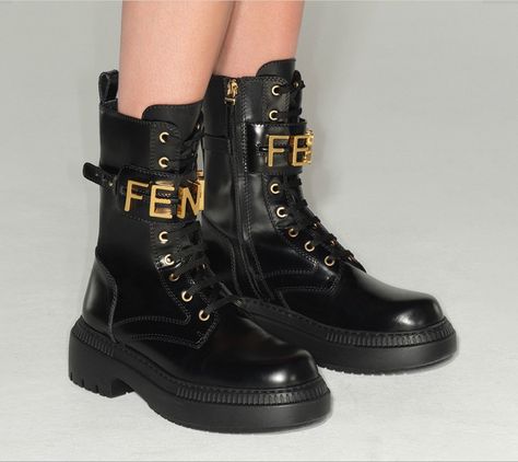 Fendi Combat Boots, Chic Boots, Fendi Logo, Biker Boots, 5 Inch Heels, Shoe Obsession, Lug Sole, Dr. Martens Boots, Embossed Logo