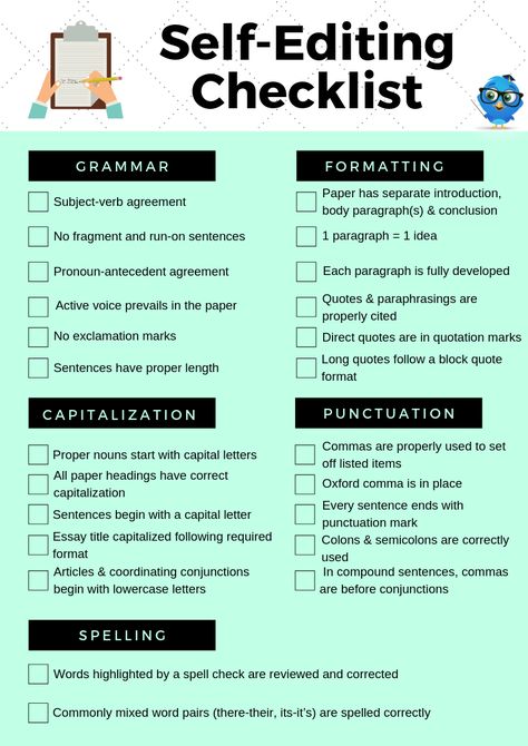 Use an editing checklist for ensuring proper paper mechanics. Make sure that everything is done correctly. Self Editing Checklist, Dissertation Planning, Essay Checklist, Check Paper, Self Editing, College Homework, Paper Mechanics, Editing Checklist, Peer Editing