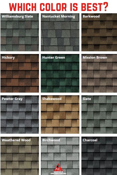 Roof Shingle Colors For White House, Houses With Dark Brown Roofs, Multi Colored Roof Shingles, Shingle Colors With Brick, Hickory Roof House Colors, Gaf Charcoal Roof Shingles, Roof Colors For Tan House, Siding And Roofing Color Combinations, Shake Siding Exterior Accent