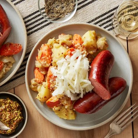 Knackwurst Recipe, Sauerkraut Dinner, Sauerkraut Potatoes, Sausage Sandwich Recipes, Potatoes And Sausage, Whole Grain Mustard, Homemade Sauerkraut, Cooking Dried Beans, German Potato Salad