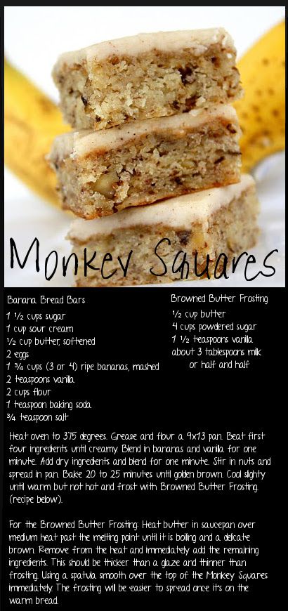 Monkey Squares - So, so very DELICIOUS. YUM, YUM Monkey Squares, Banana Bread Bars, Square Recipes, Sweets Recipes, Fruit Desserts, Dessert Bars, Yummy Treats, Sweet Recipes, Baking Recipes