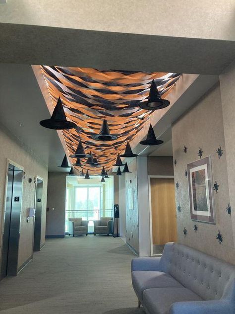 Breakroom Halloween Decor, Halloween Break Room Ideas, Halloween Breakroom Decorations, Streamer Halloween Decorations, Work Halloween Decorating Contest, Halloween Office Decorations Ideas, Halloween Lobby Decorations, Halloween Streamer Ideas, How To Decorate With Streamers