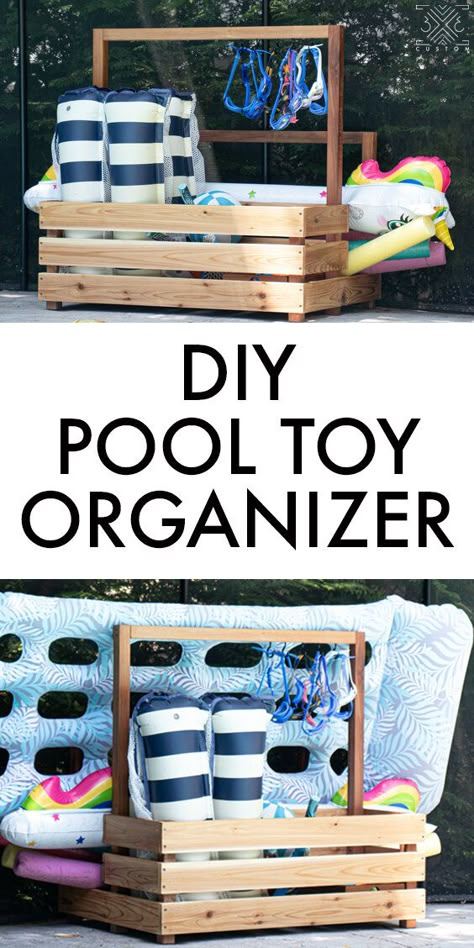 Diy Pool Storage, Pool Toy Storage Ideas, Diy Pool Toys, Pool Toy Organization, Pool Organization, Pool Float Storage, Pool Toy Storage, Toy Storage Bin, Pool Deck Decorations