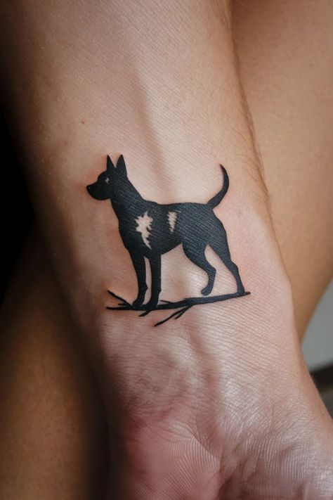 Silhouette tattoo of a dog with a heart pattern on its side. Wrist Tattoo Designs For Women, Small Wrist Tattoo Ideas, Women Tattoo Inspiration, Feather Tattoo Wrist, Arrow Tattoo On Wrist, Small Wrist Tattoo, Tattoo Ideas For Females, Meaningful Tattoo Ideas, Wrist Tattoo Designs