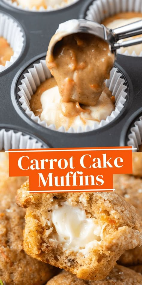 Start your morning off on the right foot with these irresistible Carrot Cake Muffins with cream cheese filling! Moist and flavorful muffins packed with grated carrots, spices and a surprise filling of creamy, tangy cream cheese. Carrot Cake Biscuits, Carrot Cake Streusel Muffins, Best Carrot Cake Muffins, Surprise Carrot Cake, Cream Cheese Carrot Coffee Cake, Different Muffin Flavors, Muffin Recipes Carrot Cake, Carrot Cake Banana Bread Muffins, Moist Carrot Muffins Recipe