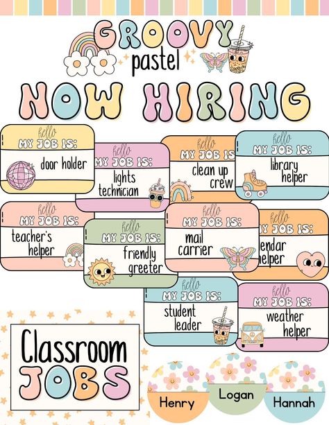 Groovy Pastel Class Jobs Display [editable] Display fonts canva Class Jobs Display, Classroom Jobs Display, Fonts Canva, Class Jobs, Preschool Classroom Decor, Elementary Classroom Decor, Teacher Boards, Teaching First Grade, Classroom Jobs