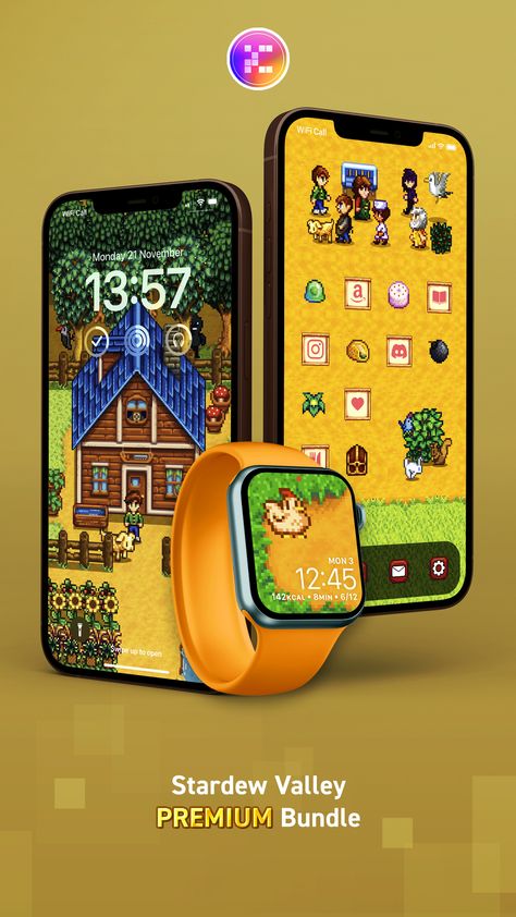 A PREMIUM bundle containing all of our released iOS and Apple Watch products, based on the hit smash Stardew Valley. Also includes the option to have your own avatar included on a wallpaper design of your choice! This very special pack contains over 1600+ app icons across eight complimentary styles to the game. It also includes 300+ ornaments - iconic sprites that you can use for apps or shortcuts, in both the green grass background, the festive snow variant or the sand background! Wallpapers Apple Watch, Sand Background, Green Grass Background, Apple Watch Wallpapers, Custom App Icons, Watch Wallpapers, Grass Background, Ios Apple, Watch Wallpaper