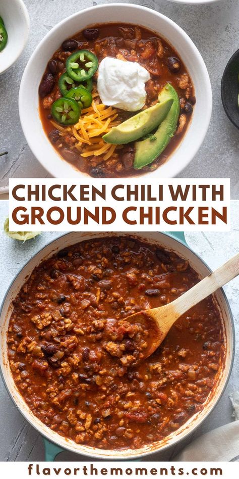 Chicken Chili with Ground Chicken is hearty, healthy and is a lighter twist on classic chili! It's packed with protein from ground chicken and cannelini beans, along with bold spices and fresh lime juice. Pile on the toppings for a cozy fall dinner! #groundchicken #chickenrecipes #chili Ground Chicken Chili Recipe Easy, Crockpot Ground Chicken Chili, Easy Dinner Recipes With Ground Chicken, Healthy Ground Chicken Chili, Dishes With Ground Chicken, Ground Chicken Chili Recipe Healthy, Soup Recipes With Ground Chicken, Ground Chicken Chili Instant Pot, High Protein Chicken Chili